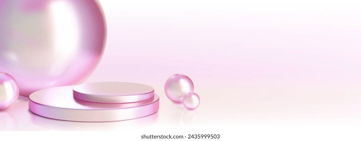 Hologram iridescent cylinder stairs podium with glass decorative sphere on abstract pastel gradient pink background. 3d metal showcase platform with holographic effect for goods demonstration.