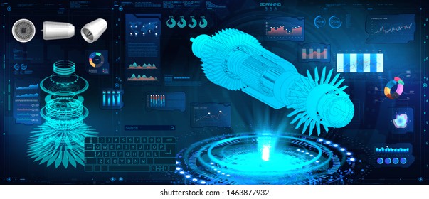 Hologram Jet engine of airplane in HUD, GUI style. Futuristic engineering illustration. Industrial aerospace blueprint. Jet engine statistics with parts of mechanisms. HUD UI style. Vector FUI image