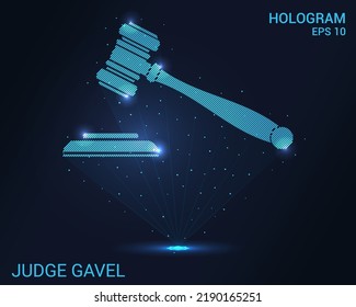 A hologram of a judge gavel. Holographic projection of the judge hammer. A shimmering stream of particle energy. Scientific design court.