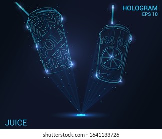 Hologram juice. Holographic projection cups with tubes Flickering energy flux of particles. Scientific design of drinks.