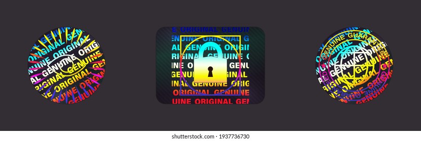 Hologram Label Set Isolated. Vector Holographic Sticker Collection. Geometric Hologram Seal For Product Guarantee, Sticker Design. Product Certification Symbol. Quality Holographic Sticker Set.