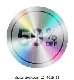 Hologramm Etikett Aufkleber Verkauf 50% Rabatt. Holografische Promotion-Rabattmarke "Round Circle". Banner-Design-Vorlage für Marketing. Sonderangebot Promotion oder Einzelhandel. typografybadge minimal Text