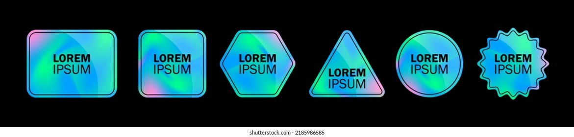 Hologram label sticker set, 6 different shapes labels, Holographic texture vector stickers illustration.