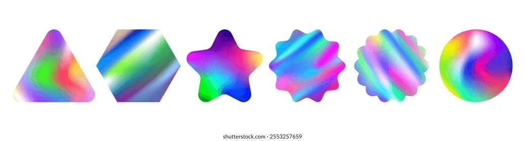 Hologram labels of different shapes, geometric forms of triangle and star, circles with wavy edges. Vector holographic textured stickers for preview tags, rainbow gradient effect for product