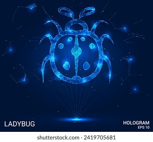 Un holograma de una mariquita. Una mariquita hecha de polígonos, triángulos de puntos y líneas. Estructura de compuesto de polos bajos. Vector de concepto de tecnología.