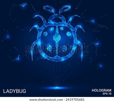 A hologram of a ladybug. A ladybug made of polygons, triangles of dots and lines. Ladybug low poly compound structure. Technology concept vector.