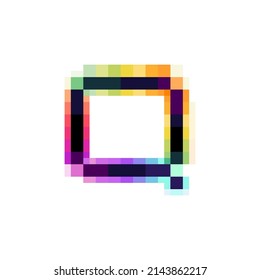 Hologram letter Q logo with glitch distorted pixel effect. Color shift design. Vector font perfect to use in your vibrant nightlife labels, retro video game screens, colorful electronic identity.