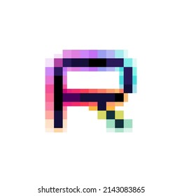 Hologram letter R logo with glitch distorted pixel effect. Color shift design. Vector font perfect to use in your vibrant nightlife labels, retro video game screens, colorful electronic identity.