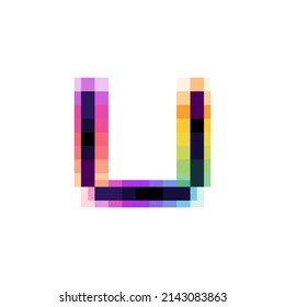 Hologram letter U logo with glitch distorted pixel effect. Color shift design. Vector font perfect to use in your vibrant nightlife labels, retro video game screens, colorful electronic identity.
