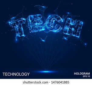 Hologram lettering tech. The tech of polygons, triangles, dots and lines. Tech low poly connection structure. Technology concept.