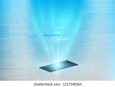 Hologram light with circuit board as backdrop. Futuristic design concept. Abstract digital and innovation technology background. Vector Illustration.