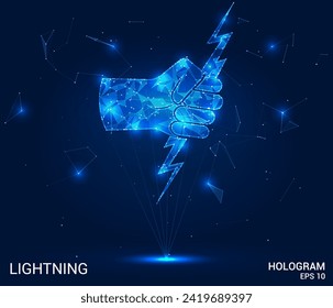 A hologram of lightning in a low-poly vector illustration in the style of a wireframe with lines, dots and lights. A futuristic concept of electric energy. Electric lightning pattern.