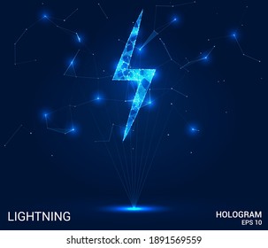 Rayo holograma. Rayos de polígonos, triángulos de puntos y líneas. Estructura de conexión de polos baja y relámpago. El concepto tecnológico