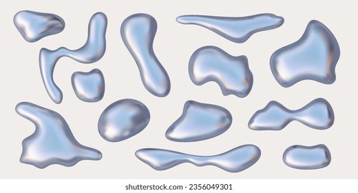 Hologram liquid 3D abstract forms,inflated metal objects vector simple shapes objects in Y2K style. Realisti isolated vector element for moden futuristic design aesthetics.