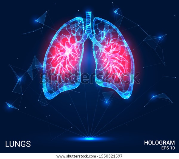 Hologram lung. Pain in the lungs from polygons,\
triangles, dots and lines. Lung is a low poly compound structure.\
The technology\
concept.