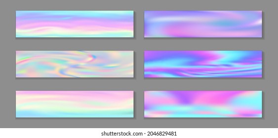 Hologram magic banner horizontal fluid gradient mermaid backgrounds vector collection. Pearlecent hologram texture gradients. Fluid graphic design minimal mermaid backgrounds.