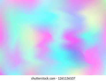 Hologram Magic Dreamy Vector Background. Rainbow Holographic Gradient Overlay, Trendy Iridescent Girlie Wallpaper. Fairy Tale, Unicorn, Magic Neon Pearlescent Teal. Modern Tech Music Design