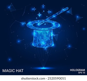 Sombrero mágico de holograma. Sombrero mágico hecho de polígonos, triángulos, puntos y líneas. Estructura de sombrero mágico de baja poli de conexiones. Vector de concepto de Tecnología.
