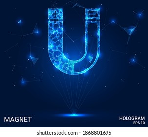 Hologramm-Magnet. Ein Magnet aus Polygonen, Dreiecken, Punkten und Linien. Magnet ist eine Struktur mit Low-Poly-Verbindungen. Das Technologiekonzept.