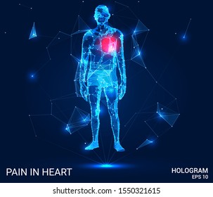 Hologram man. Pain in the heart of polygons, triangles of points and lines. Health low poly compound structure. The technology concept.