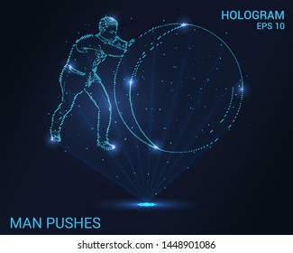 Hologram man pushing. Businessman pushing the ball. Flickering energy flux of particles. Scientific success design.