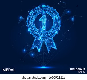 A hologram of the medal. A medal made up of polygons, triangles , points, and lines. The medal is a low-poly compound structure. The technology concept.