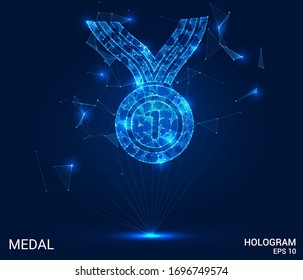 A hologram of the medal. A medal made up of polygons, triangles, points, and lines. Premium low-poly compound structure. The technology concept.