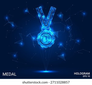 Hologram medal. The medal is made of polygons, triangles, dots and lines. The medal is a low poly connection structure. Technology, concept, vector. Single medal on a blue surface.