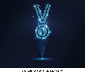 Medalha holográfica. Uma medalha feita de polígonos, triângulos, pontos e linhas. Estrutura e conexões de baixa medalha poli. Conceito tecnológico, vetor.