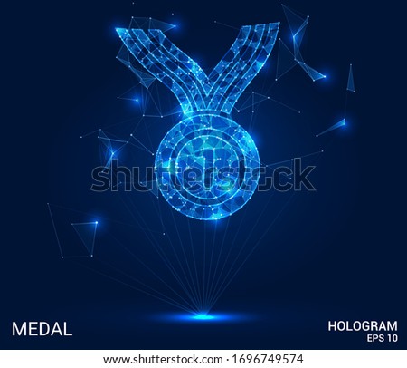 A hologram of the medal. A medal made up of polygons, triangles, points, and lines. Premium low-poly compound structure. The technology concept.