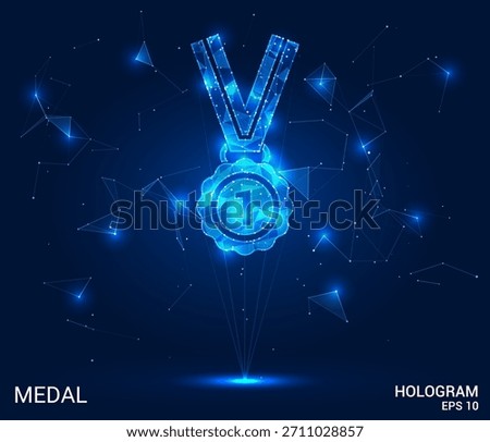 Hologram medal. The medal is made of polygons, triangles, dots and lines. The medal is a low poly connection structure. Technology, concept, vector. Single medal on a blue surface.