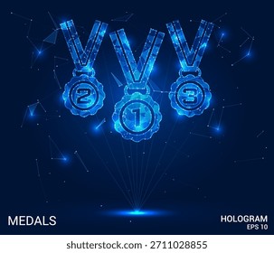 Medalhas de holograma. As medalhas são feitas de polígonos, triângulos, pontos e linhas. As medalhas formam uma estrutura de conexão de baixa poli. Tecnologia, conceito, vetor. As medalhas brilham contra o azul profundo.