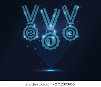 Medallas de holograma. Medallas hechas de polígonos, triángulos, puntos y líneas. Estructura y conexiones de medallas de polietileno bajas. Concepto de Tecnología, Vector.