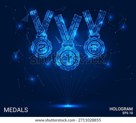 Hologram medals. The medals are made of polygons, triangles, dots and lines. The medals form a low poly connection structure. Technology, concept, vector. Medals gleam against deep blue.