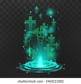 Hologram with medical symbols for the restoration of lives in the game and the presentation of products in healthcare. GUI element for regeneration hp, medical point, first aid kit. Vector element