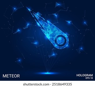 Hologram meteor. Meteor made of polygons, triangles, dots, and lines. Low-poly meteor structure of connections. Technology concept vector.