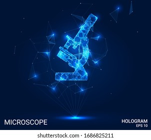 Hologram microscope. A microscope made up of polygons, triangles, points, and lines. The microscope is a low-poly compound structure. The technology concept.