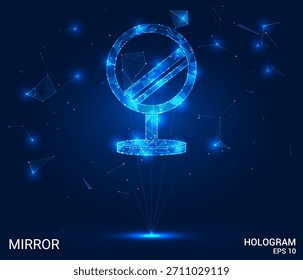 Espejo de holograma. El espejo está hecho de polígonos, triángulos, puntos y líneas. El espejo es una estructura de conexión de baja poli. Tecnología, concepto, Vector. El espejo refleja suavemente los tonos azules.