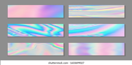 Hologram modern banner horizontal fluid gradient mermaid backgrounds vector set. Pearlecent hologram texture gradients. Fluid liquid print minimal mermaid backgrounds.