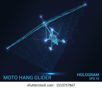 Hologram Moto hang-glider. A holographic projection of Moto hang-glider. Flickering energy flux of particles. The scientific design of the aircraft.