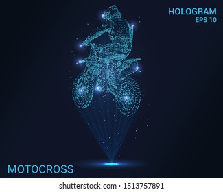 Hologram motocross. Holographic projection motorcyclist. Flickering energy flux of particles. Scientific registration of sports.