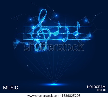 Hologram music. Treble clef and notes from polygons, triangles, points, and lines. Music is a low-poly compound structure. The technology concept.