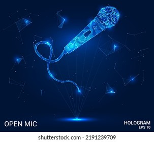 The hologram is an open mic. Open mic made of polygons, triangles of dots and lines. Microphone icon low-poly connection structure. Technology concept vector.