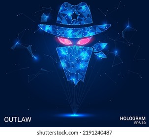 The Hologram Outlaw. Outlawed From Polygons, Triangles Of Points And Lines. The Criminal In The Hat And Mask Icon Is A Low-poly Compound Structure. Technology Concept Vector.