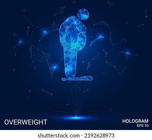 The hologram is overweight. A fat man stands on a scale from polygons, triangles of points and lines. Overweight icon of a low-poly compound structure. Technology concept vector.