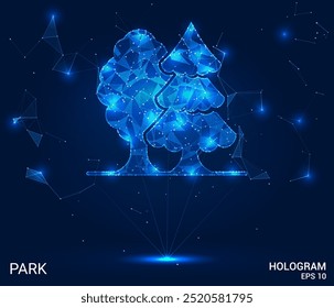 Parque do holograma. Parque feito de polígonos, triângulos, pontos e linhas. Estrutura de parque de baixo-poli de conexões. Vetor de conceito de tecnologia.
