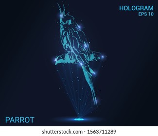 A hologram of a parrot. A holographic projection of a parrot. Flickering energy flux of particles.