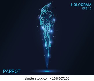 A hologram of a parrot. A holographic projection of a parrot. Flickering energy flux of particles.