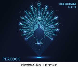 Hologram peacock. A holographic projection of a peacock's tail. Flickering energy flux of particles. Scientific animal design.