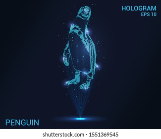 Hologram penguin. Holographic projection of a penguin. Flickering energy flux of particles. Scientific design animals.